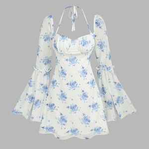 Floral Bell Sleeve Halter Knotted Mini Dress Cider